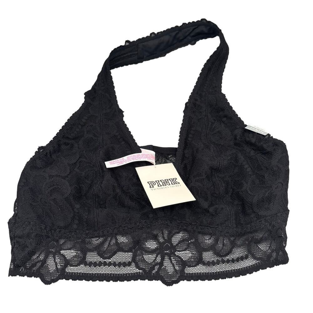 PINK Victoria's Secret Black Lace Halter Bralette Bra Size Medium New A-C Cup